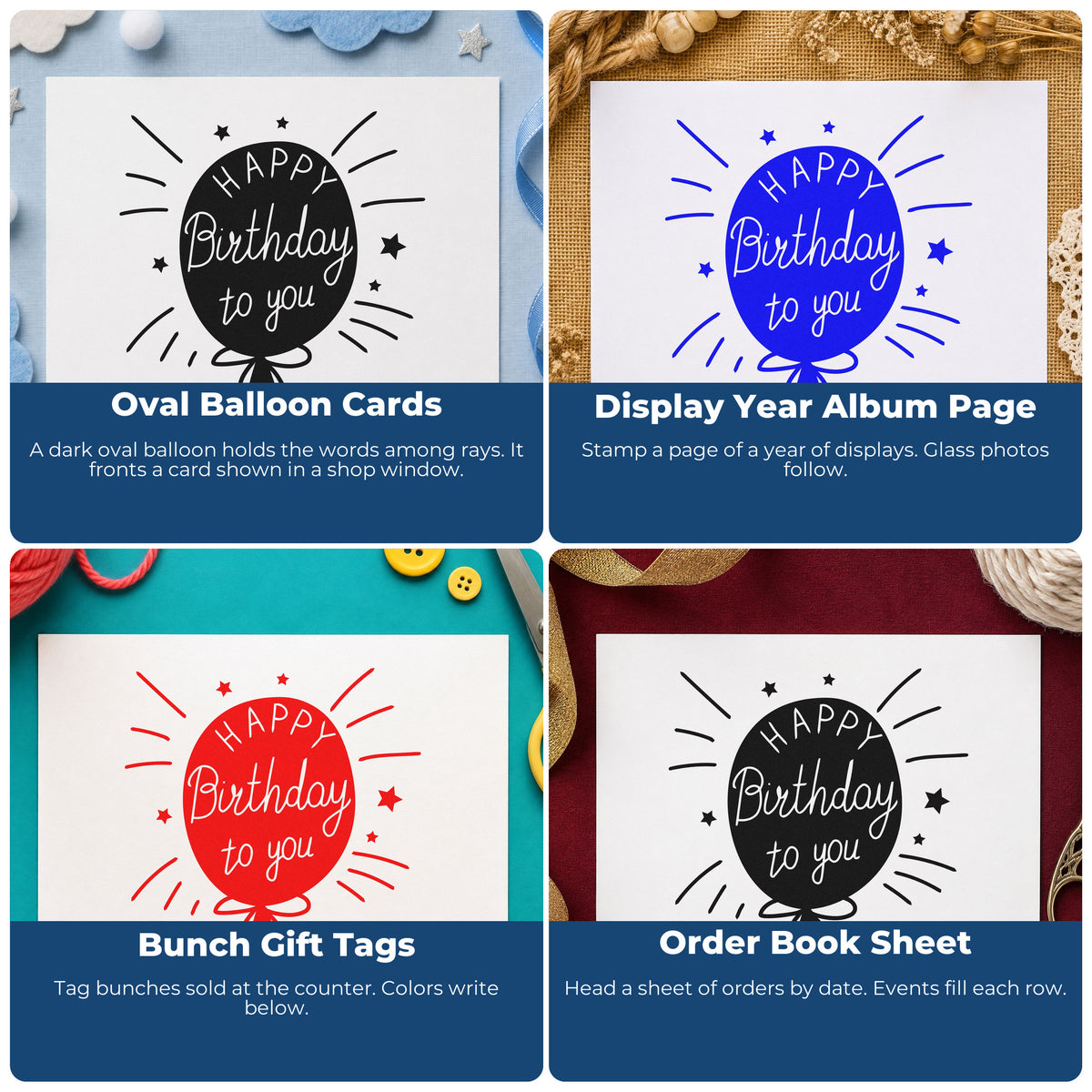 Four ways to use the Birthday To You Balloon Pre-Inked Stamp – Slim: oval balloon cards, display year album page, bunch gift tags and order book sheet.