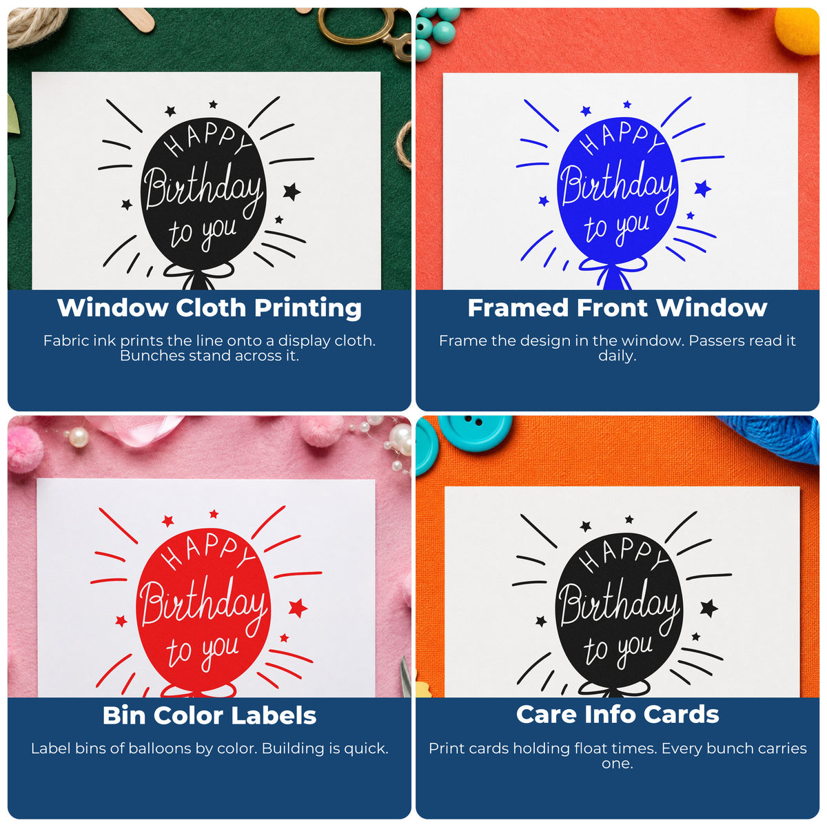 Four ways to use the Birthday To You Balloon Rubber Stamp – Duo Hand: window cloth printing, framed front window, bin color labels and care info cards.