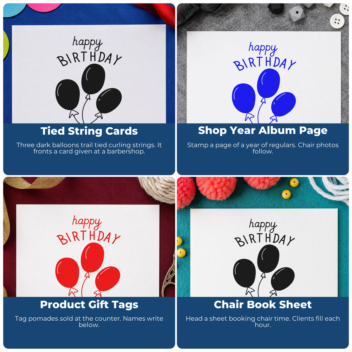 Four ways to use the Three Balloons Birthday Greeting Rubber Stamp – Wood Handle: tied string cards, shop year album page, product gift tags and chair book sheet.