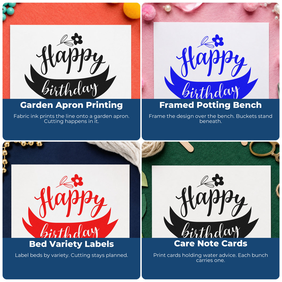 Four ways to use the Happy Birthday Flower Ribbon Wood Handle Stamp: garden apron printing, framed potting bench, bed variety labels and care note cards.