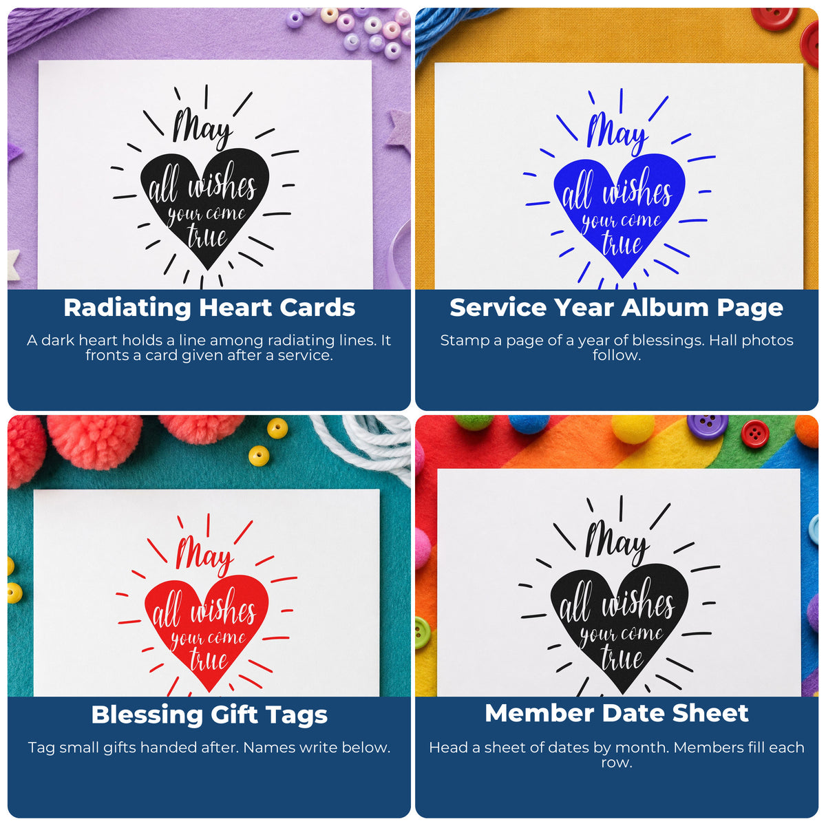 Four ways to use the Dark Heart With Wishes Lettering Hand Stamp – Duo: radiating heart cards, service year album page, blessing gift tags and member date sheet.