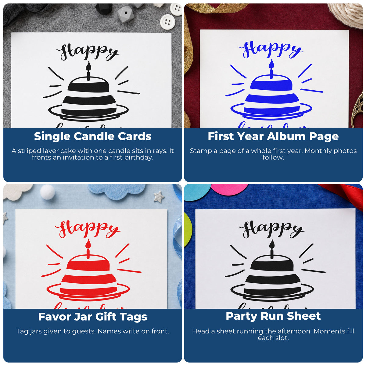 Four ways to use the Happy Birthday Cake Rays Candles Rubber Stamp – Duo Hand: single candle cards, first year album page, favor jar gift tags and party run sheet.