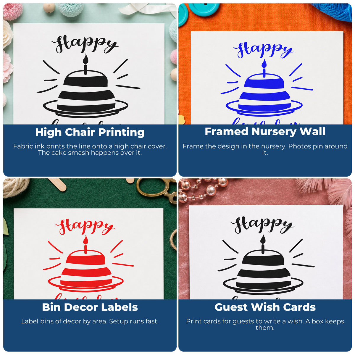 Four ways to use the Happy Birthday Cake Rays Candles Rubber Stamp – Duo Hand: high chair printing, framed nursery wall, bin decor labels and guest wish cards.