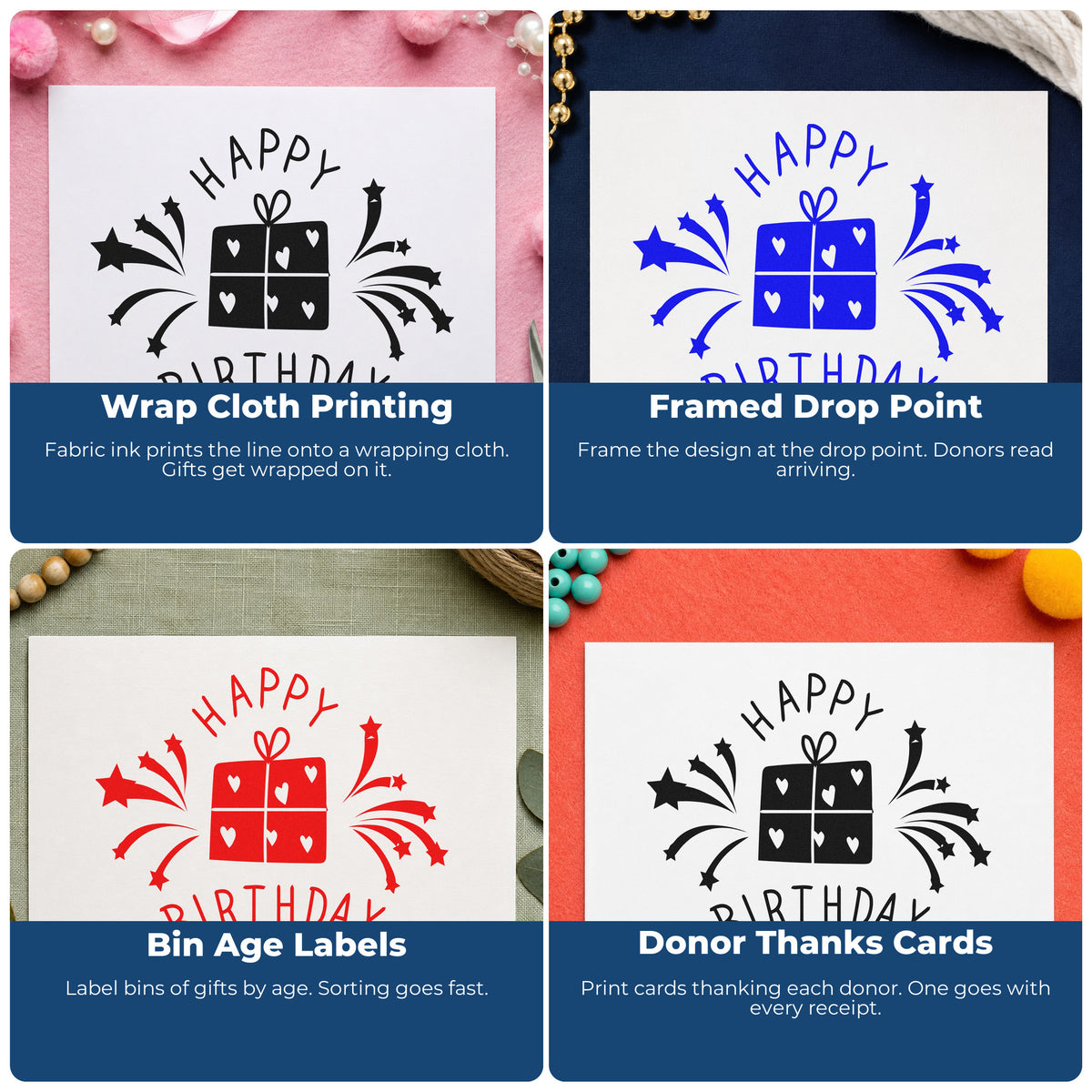 Four ways to use the Birthday Heart Gift Fireworks Slim Pre-Inked Stamp: wrap cloth printing, framed drop point, bin age labels and donor thanks cards.