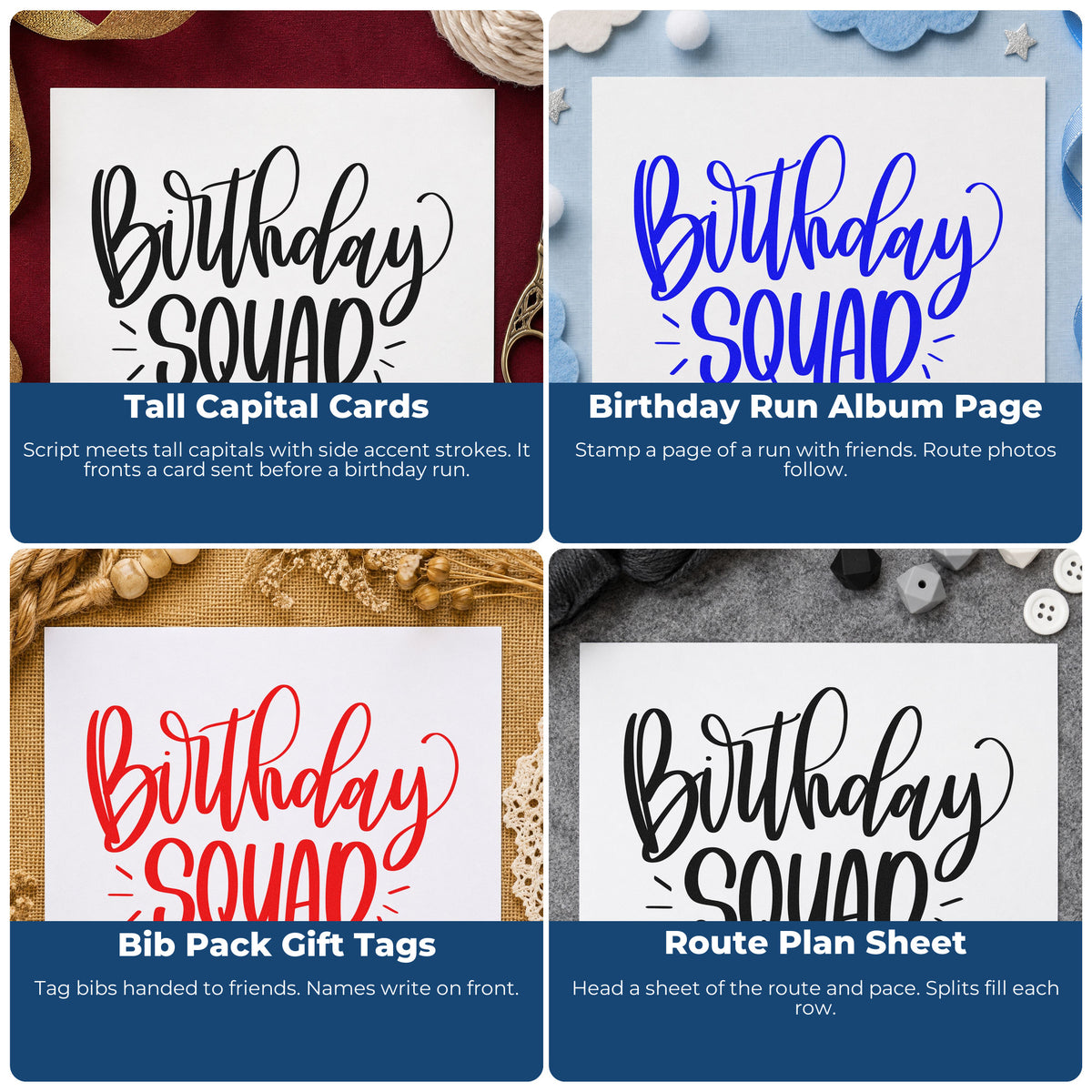 Four ways to use the Birthday Squad Accent Lettering Pre-Inked Stamp – Slim: tall capital cards, birthday run album page, bib pack gift tags and route plan sheet.