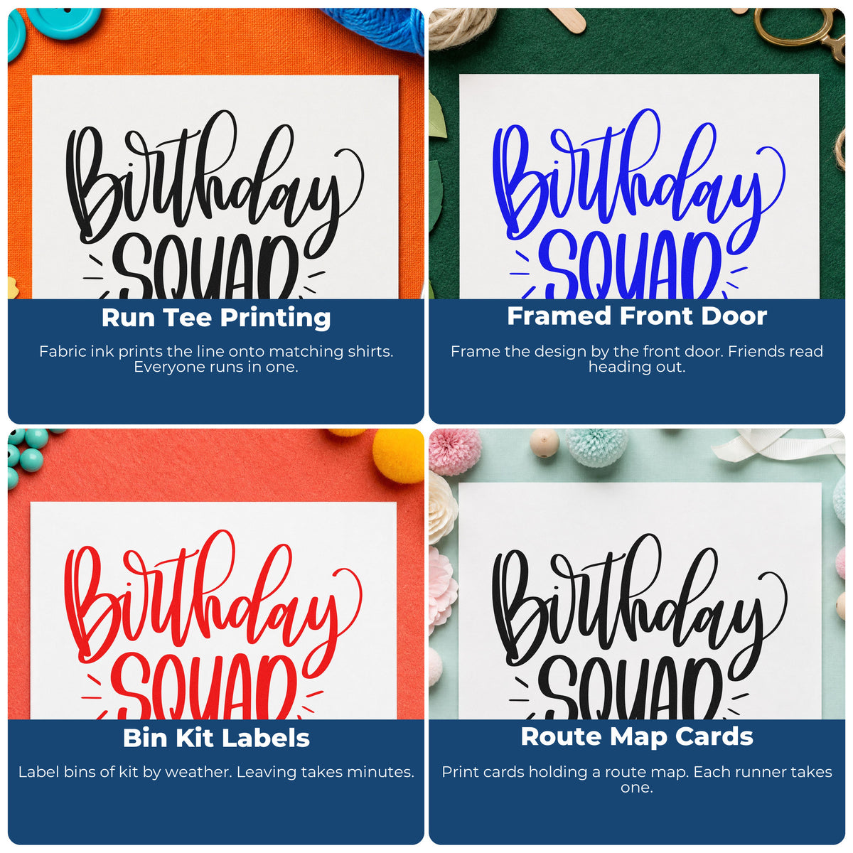 Four ways to use the Birthday Squad Accent Lettering Self-Inking Stamp: run tee printing, framed front door, bin kit labels and route map cards.