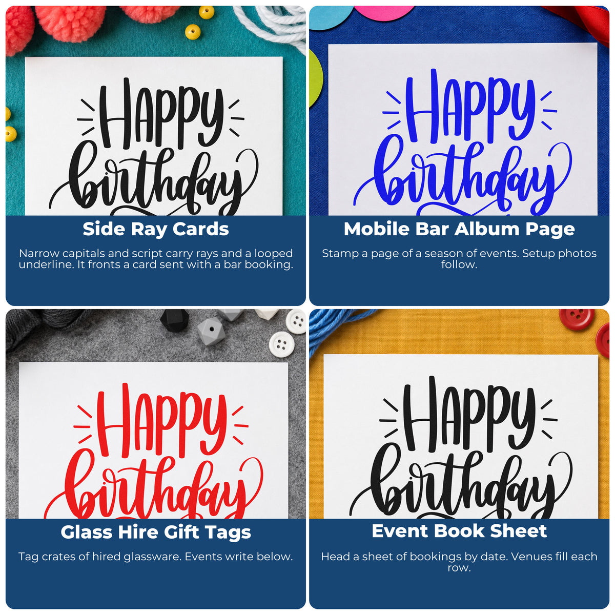 Four ways to use the Happy Birthday Loop Flourish Stamp – Self-Inking: side ray cards, mobile bar album page, glass hire gift tags and event book sheet.