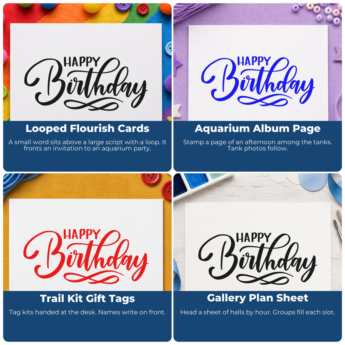 Four ways to use the Happy Birthday Infinity Flourish Stamp – Self-Inking: looped flourish cards, aquarium album page, trail kit gift tags and gallery plan sheet.