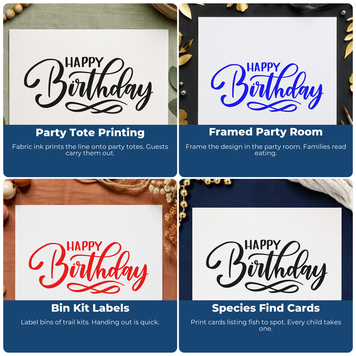 Four ways to use the Happy Birthday Infinity Flourish Rubber Stamp – Wood Handle: party tote printing, framed party room, bin kit labels and species find cards.