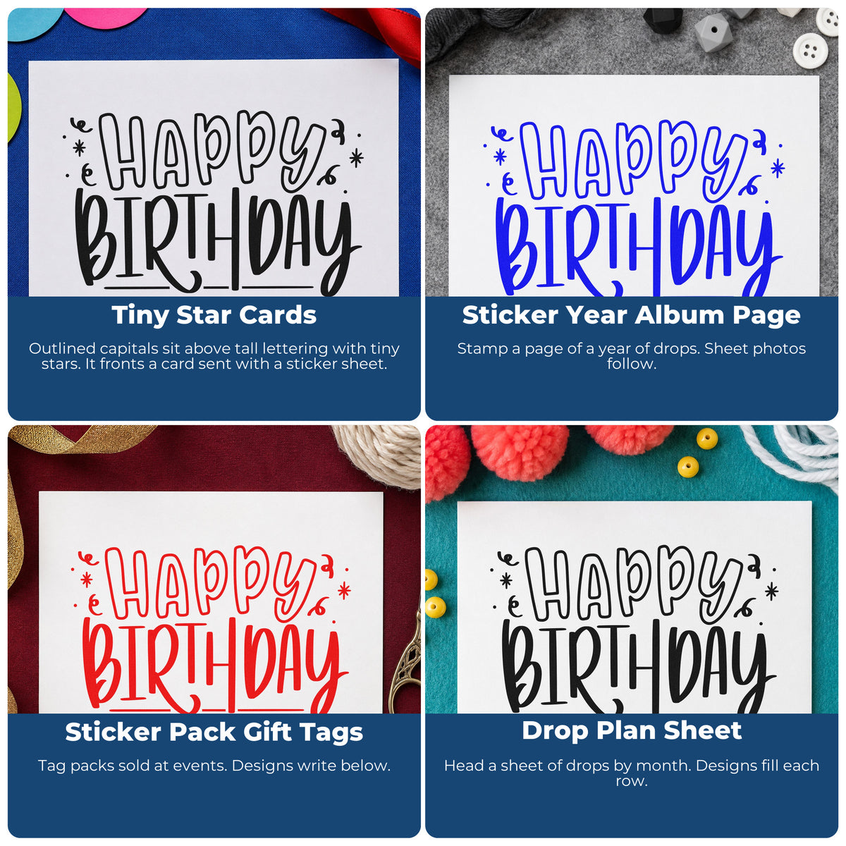 Four ways to use the Outlined Happy Birthday Confetti With Stars Rubber Stamp – Duo Hand: tiny star cards, sticker year album page, sticker pack gift tags and drop plan sheet.