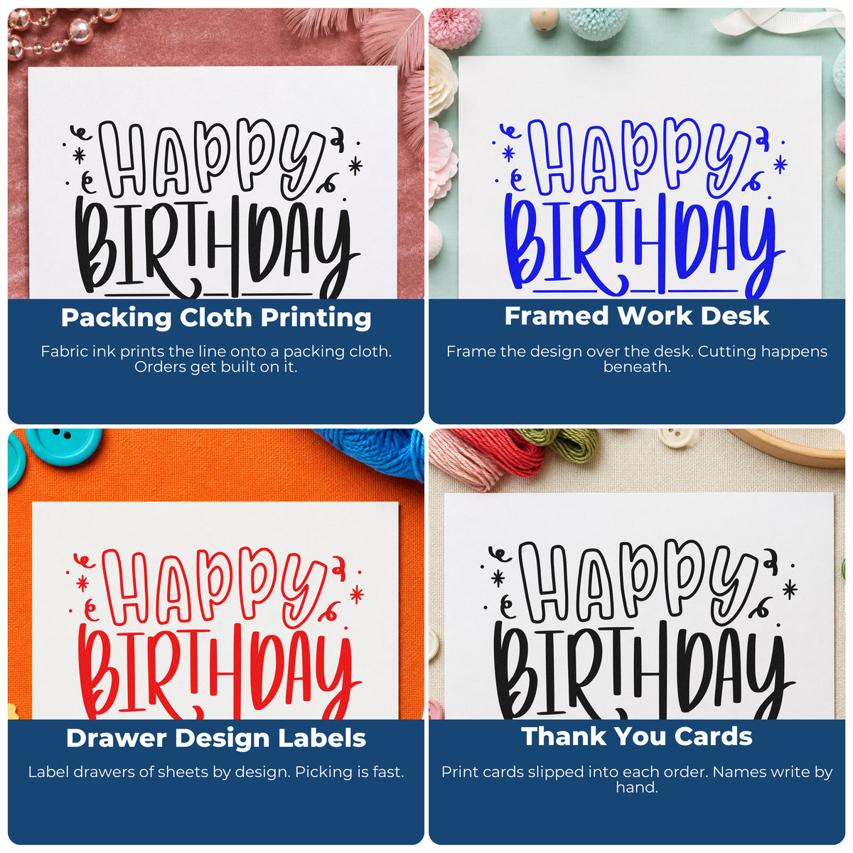 Four ways to use the Outlined Happy Birthday Confetti With Stars Rubber Stamp – Duo Hand: packing cloth printing, framed work desk, drawer design labels and thank you cards.