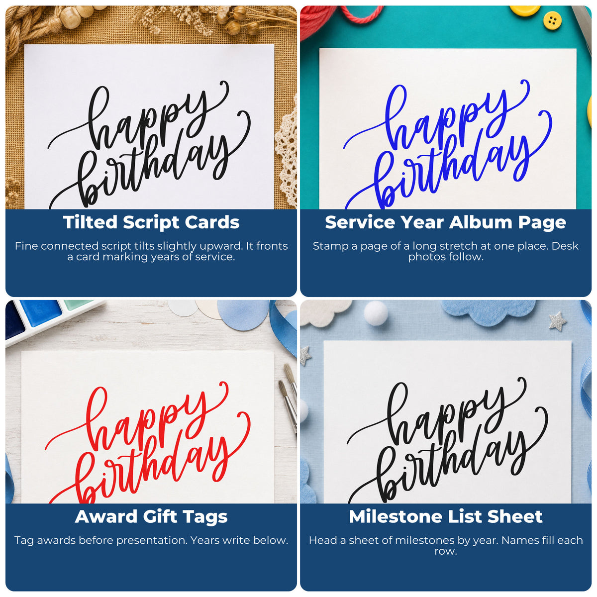 Four ways to use the Happy Birthday Rising Script Rubber Stamp – Wood Handle: tilted script cards, service year album page, award gift tags and milestone list sheet.