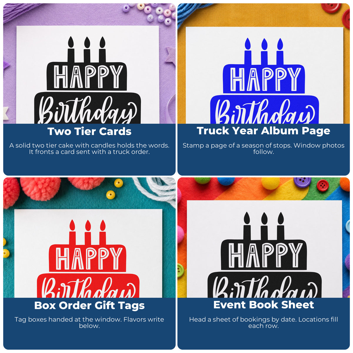 Four ways to use the Happy Birthday Tiered Cake Candles PSI Pre-Inked Stamp: two tier cards, truck year album page, box order gift tags and event book sheet.