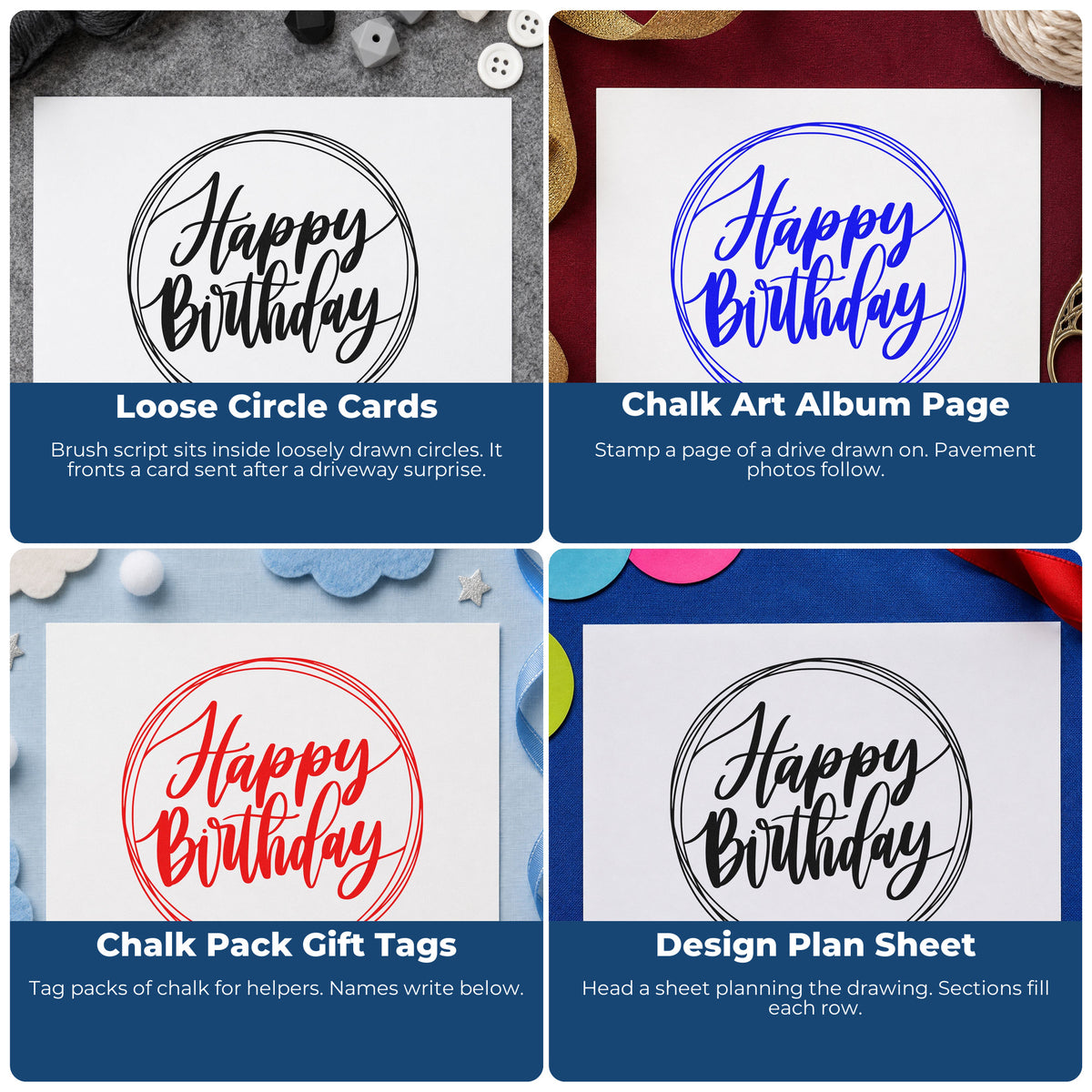 Four ways to use the Happy Birthday Circular Frame Slim Pre-Inked Stamp: loose circle cards, chalk art album page, chalk pack gift tags and design plan sheet.