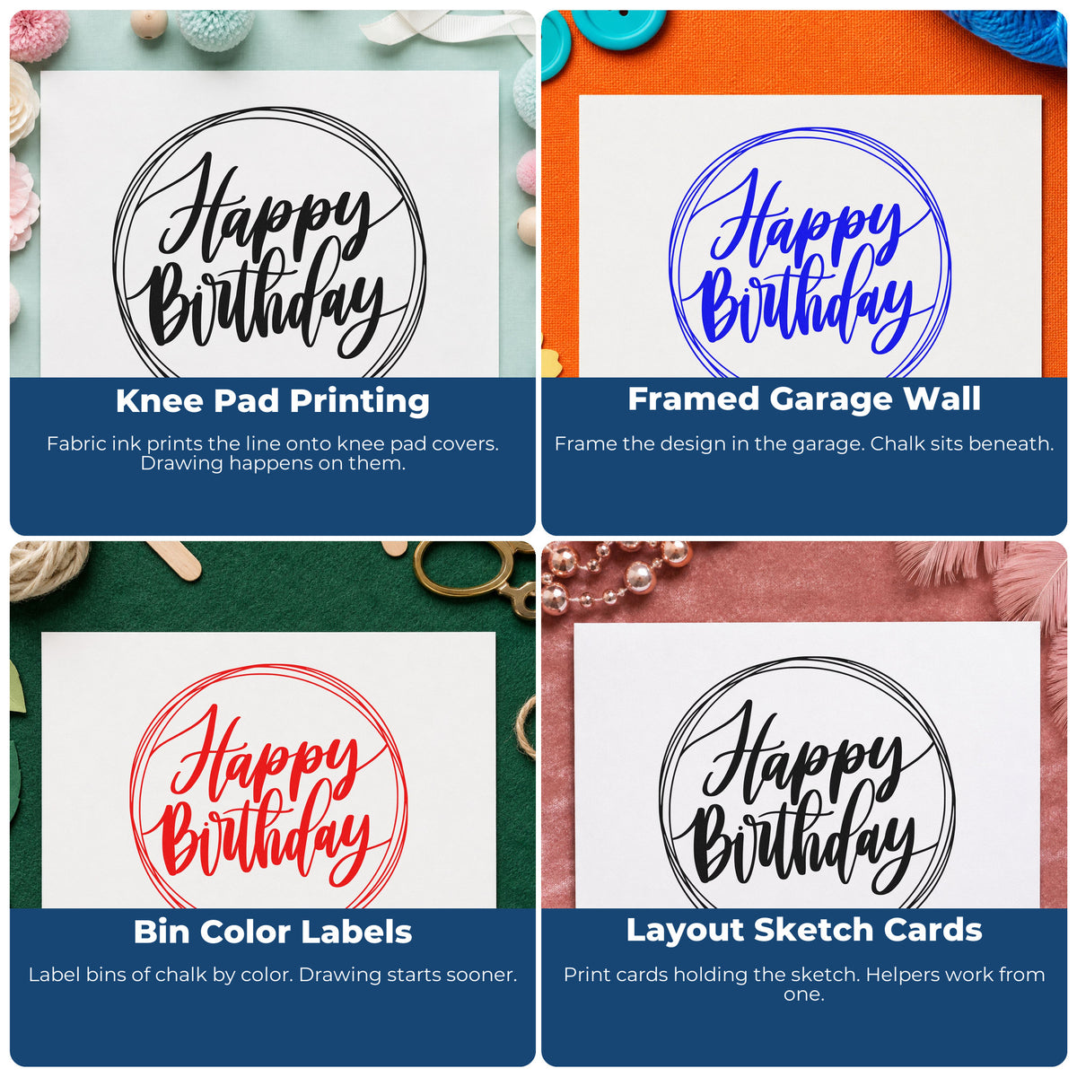 Four ways to use the Happy Birthday Circular Frame Rubber Stamp – Wood Handle: knee pad printing, framed garage wall, bin color labels and layout sketch cards.
