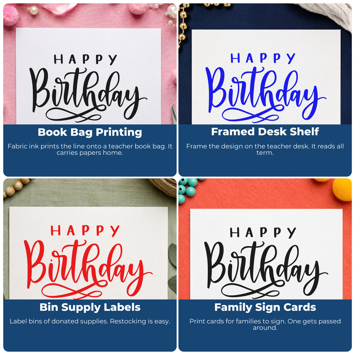 Four ways to use the Premium Wooden Happy Birthday Loop Underline Script Lettering Stamp - Vintage Pro: book bag printing, framed desk shelf, bin supply labels and family sign cards.