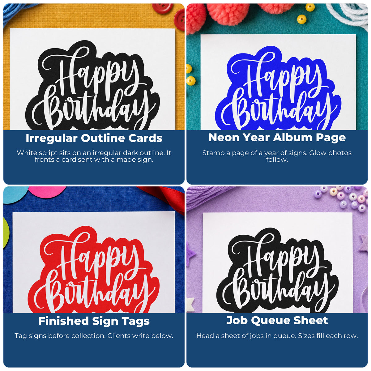 Four ways to use the Happy Birthday Cutout Script Pre-Inked Stamp – Slim: irregular outline cards, neon year album page, finished sign tags and job queue sheet.
