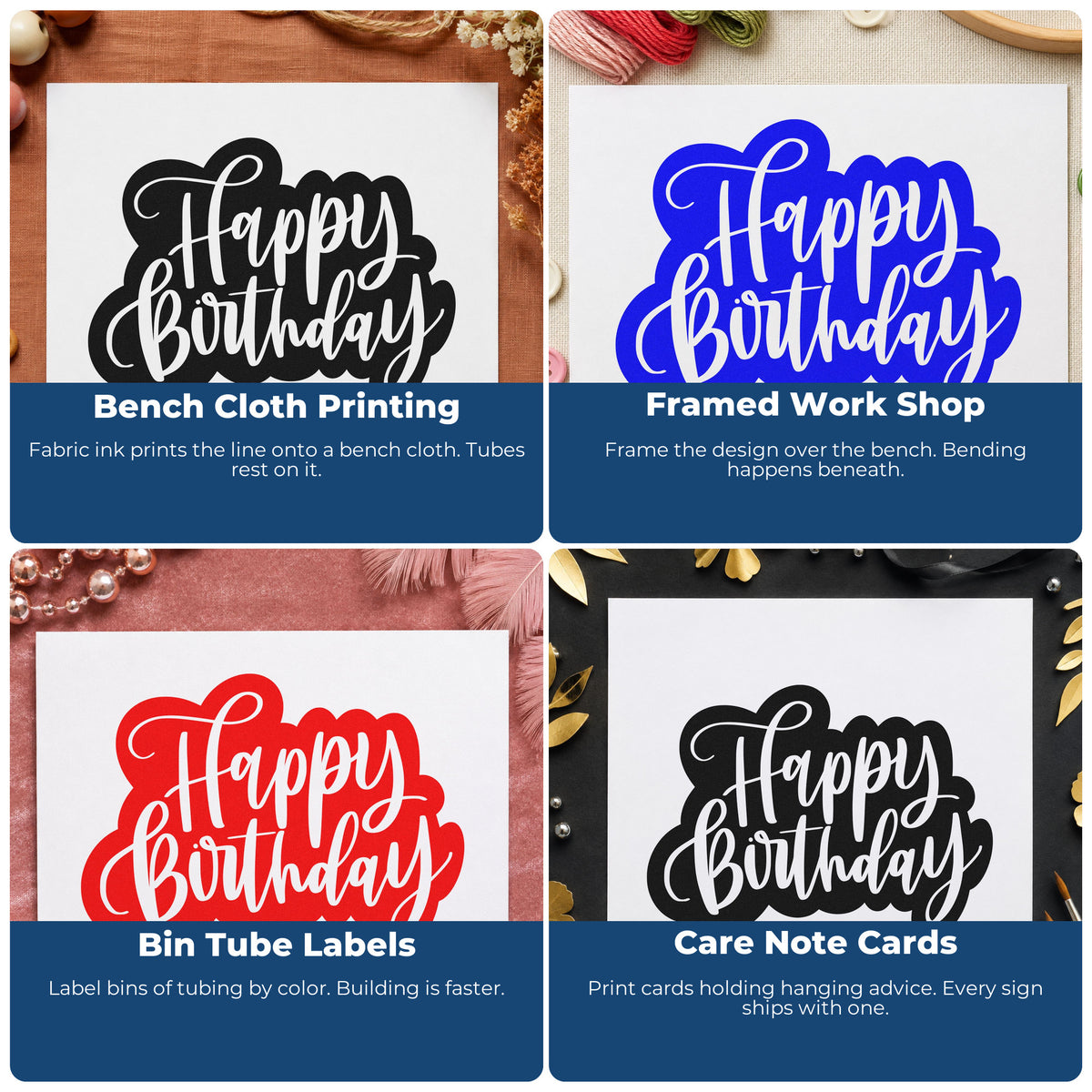 Four ways to use the Happy Birthday Cutout Script Premium Wood-Mounted Stamp - Vintage Pro: bench cloth printing, framed work shop, bin tube labels and care note cards.