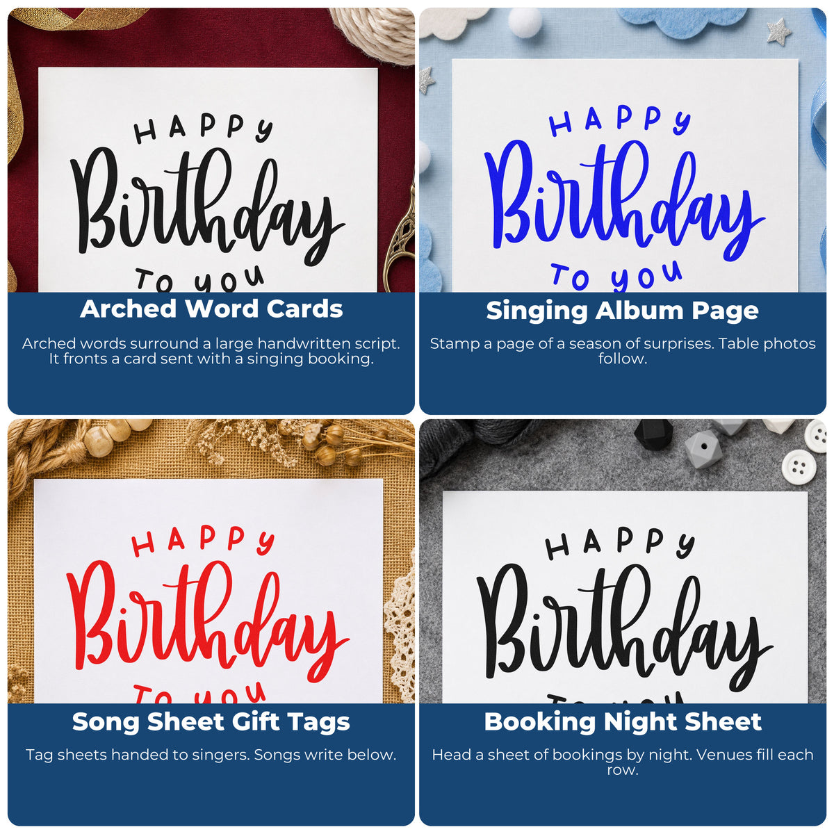 Four ways to use the Happy Birthday To You Arch Motif Stamp - Premium Vintage Pro Wooden: arched word cards, singing album page, song sheet gift tags and booking night sheet.