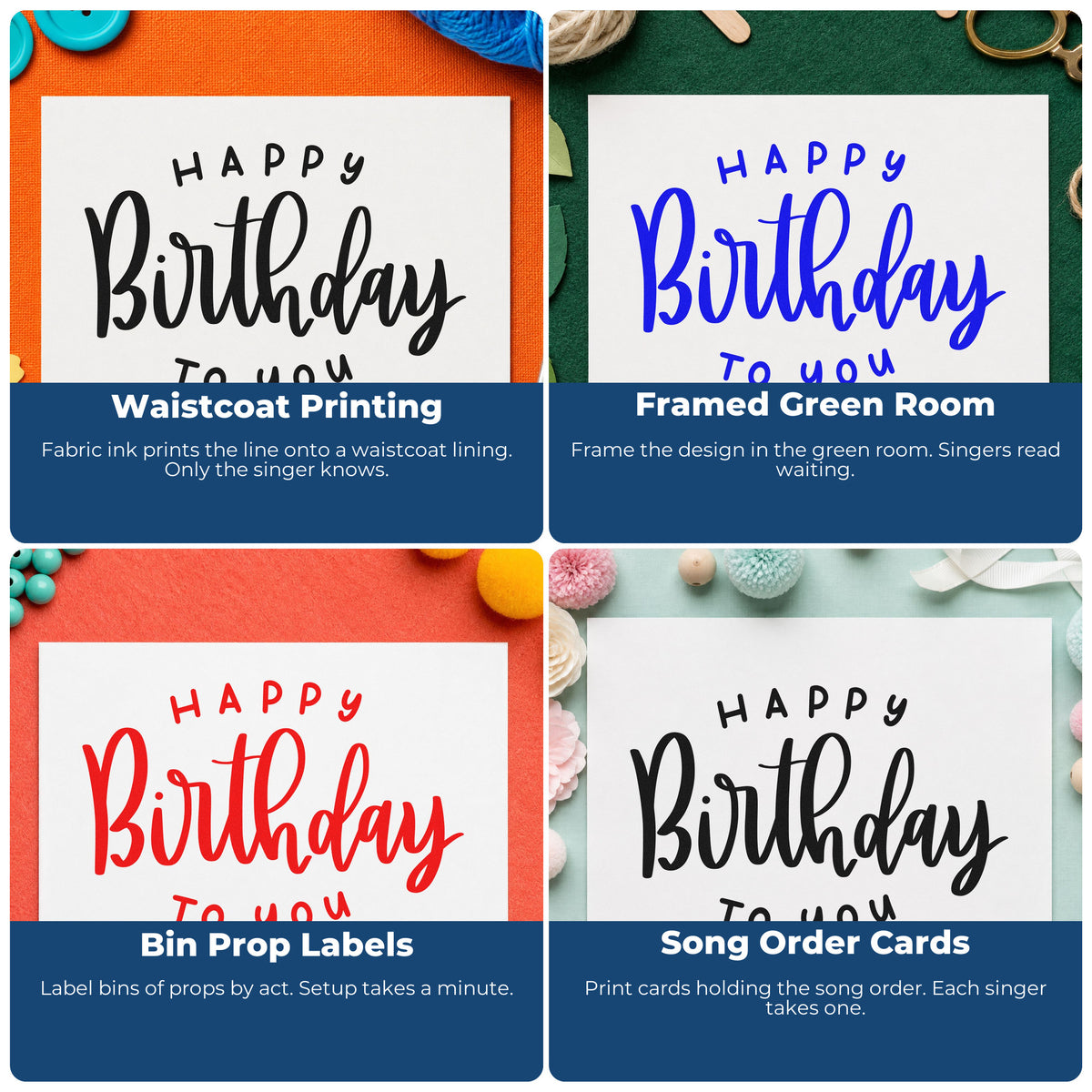 Four ways to use the Self-Inking Happy Birthday To You Arch Motif Stamp: waistcoat printing, framed green room, bin prop labels and song order cards.