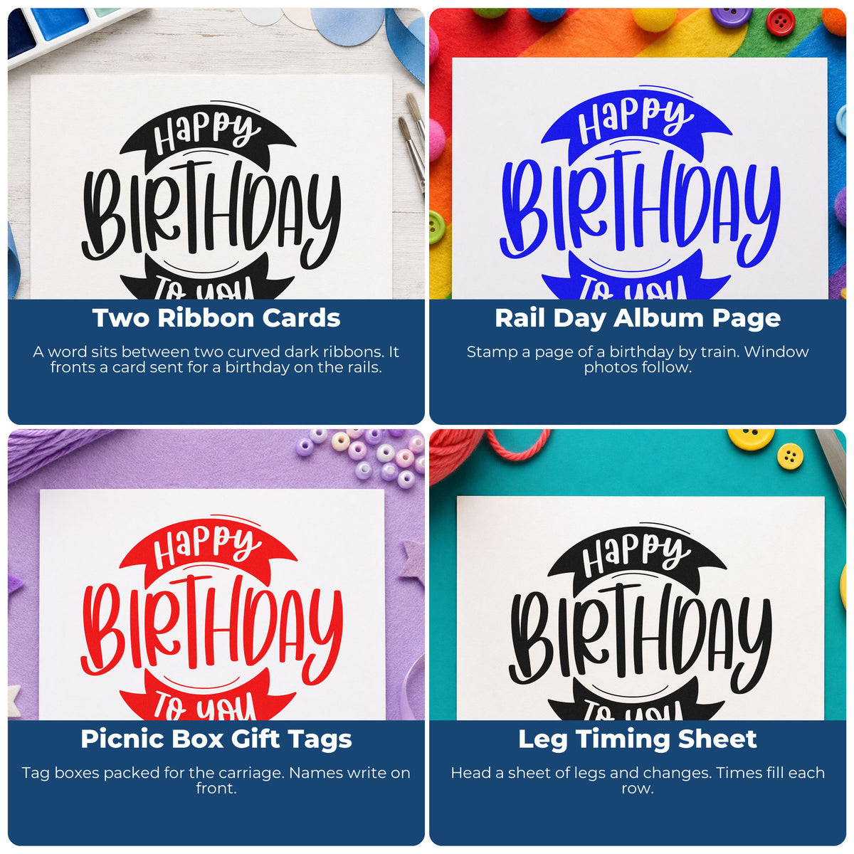 Four ways to use the Wood Handle Birthday To You Curved Ribbons Rubber Stamp: two ribbon cards, rail day album page, picnic box gift tags and leg timing sheet.