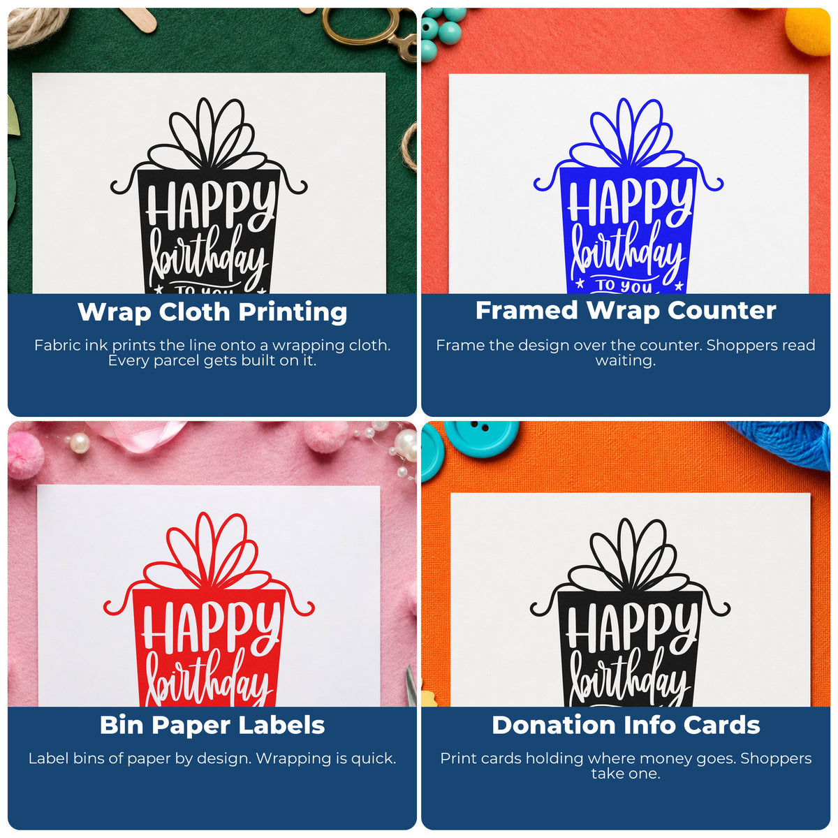 Four ways to use the Birthday Gift Shaped Lettering Premium Wood-Mounted Stamp - Vintage Pro: wrap cloth printing, framed wrap counter, bin paper labels and donation info cards.