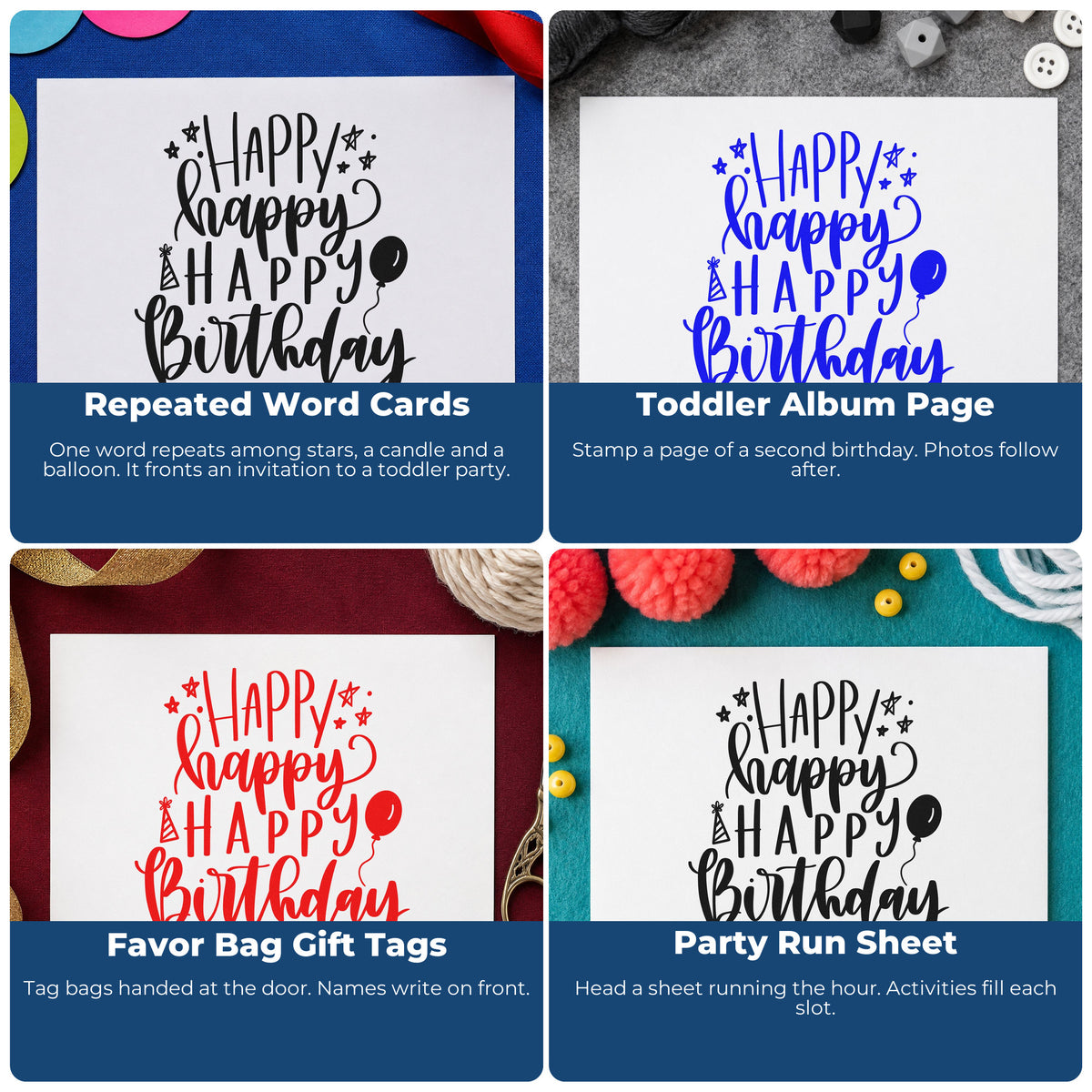 Four ways to use the Pre-Inked Repeated Happy Birthday Balloons Stamp – PSI: repeated word cards, toddler album page, favor bag gift tags and party run sheet.