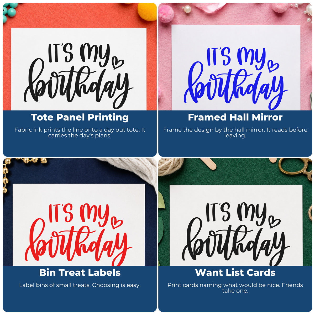 Four ways to use the It's My Birthday PSI Pre-Inked Stamp: tote panel printing, framed hall mirror, bin treat labels and want list cards.