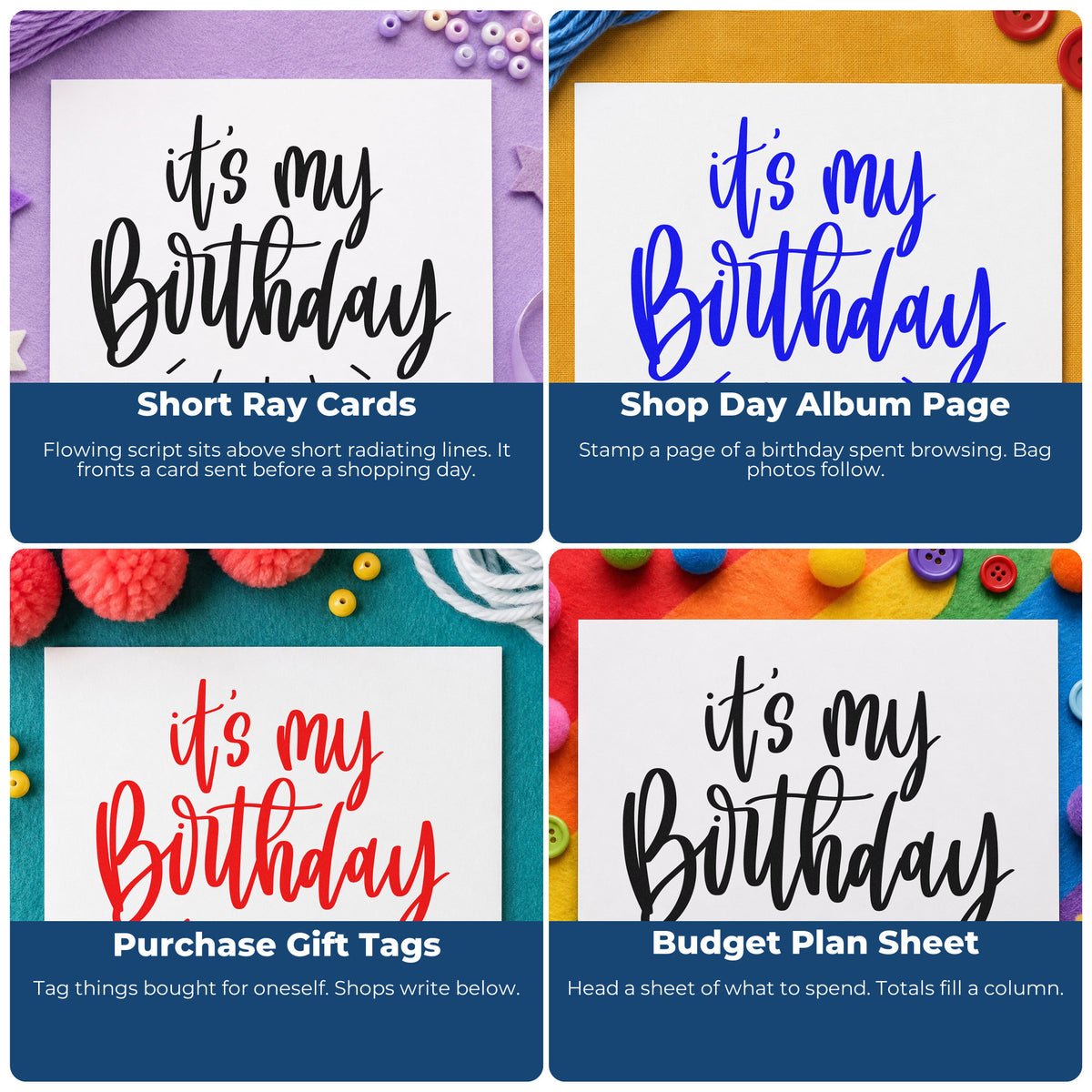 Four ways to use the My Birthday Radiating Script Rubber Stamp – Wood Handle: short ray cards, shop day album page, purchase gift tags and budget plan sheet.
