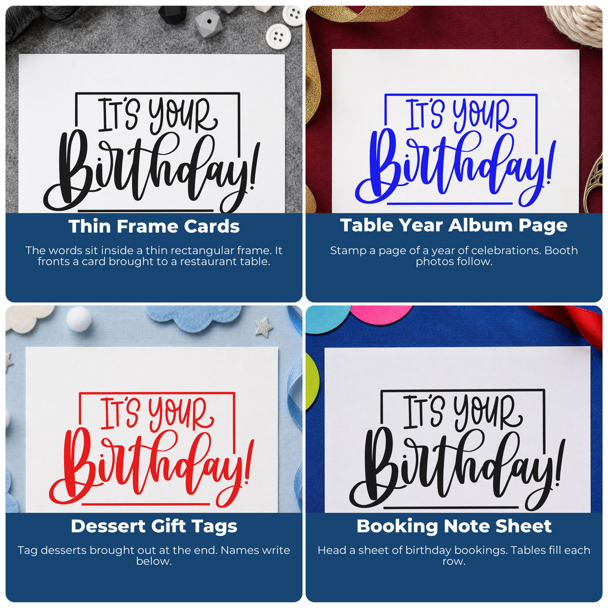 Four ways to use the It's Your Birthday! Premium Wood-Mounted Stamp - Vintage Pro: thin frame cards, table year album page, dessert gift tags and booking note sheet.