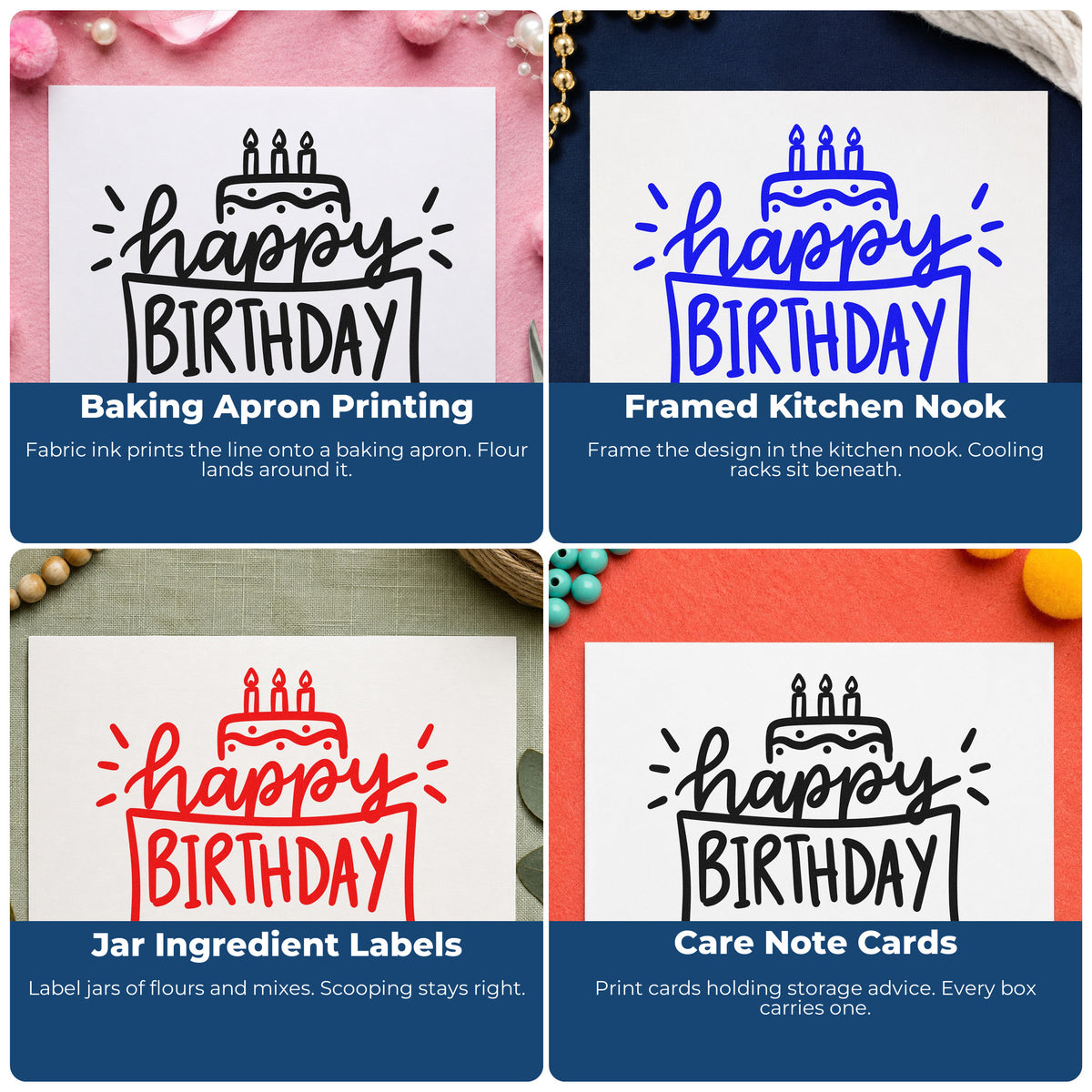 Four ways to use the Happy Birthday Cake Frame Self-Inking Stamp: baking apron printing, framed kitchen nook, jar ingredient labels and care note cards.