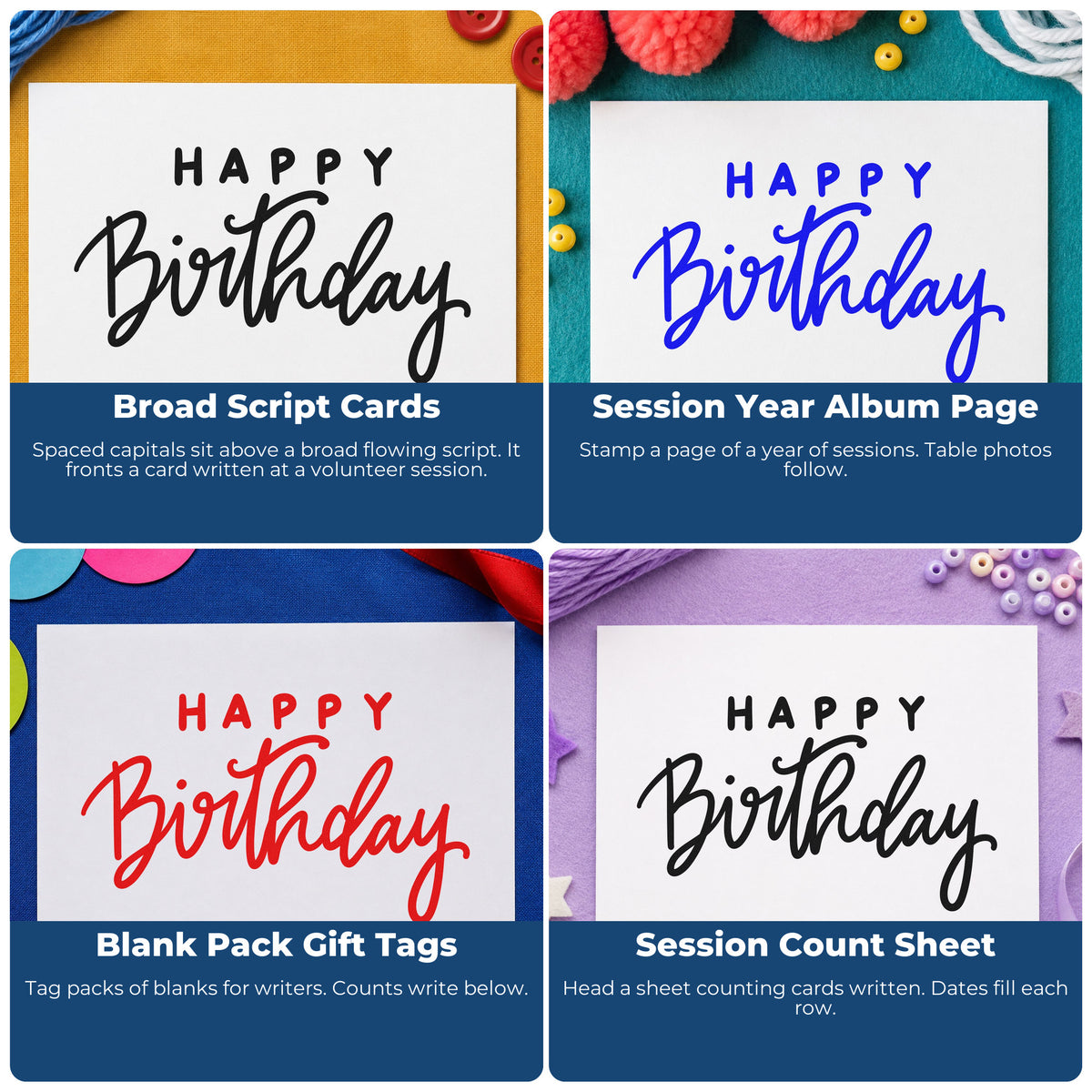 Four ways to use the Happy Birthday Spaced Heading Script Lettering Rubber Stamp – Wood Handle: broad script cards, session year album page, blank pack gift tags and session count sheet.