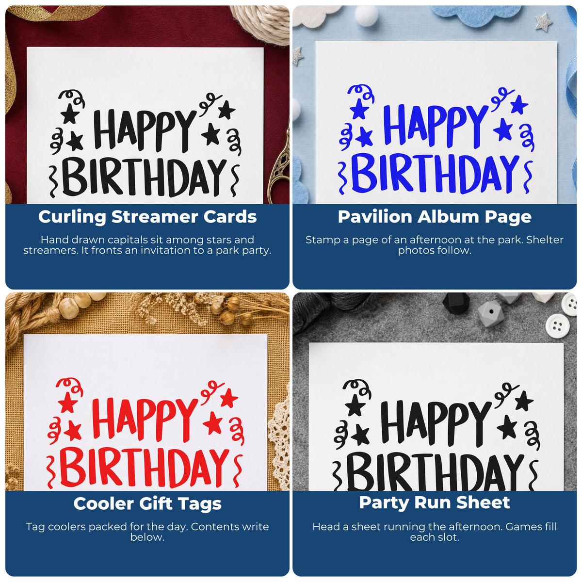 Four ways to use the Birthday Stars And Streamers Stamp – Self-Inking: curling streamer cards, pavilion album page, cooler gift tags and party run sheet.