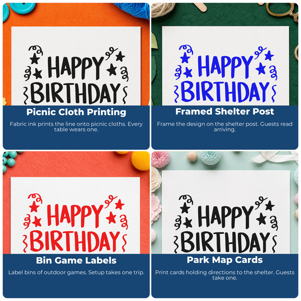 Four ways to use the Birthday Stars And Streamers Stamp – Self-Inking: picnic cloth printing, framed shelter post, bin game labels and park map cards.