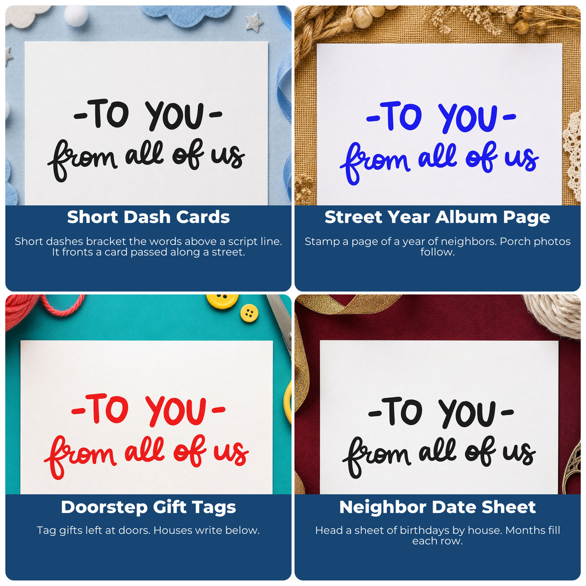 Four ways to use the Premium Wooden From All Of Us Script With To You Stamp - Vintage Pro: short dash cards, street year album page, doorstep gift tags and neighbor date sheet.