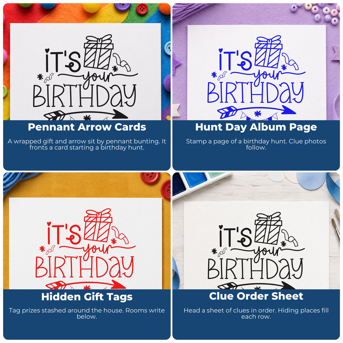 Four ways to use the Your Birthday Gift Arrow Hand Stamp – Duo: pennant arrow cards, hunt day album page, hidden gift tags and clue order sheet.
