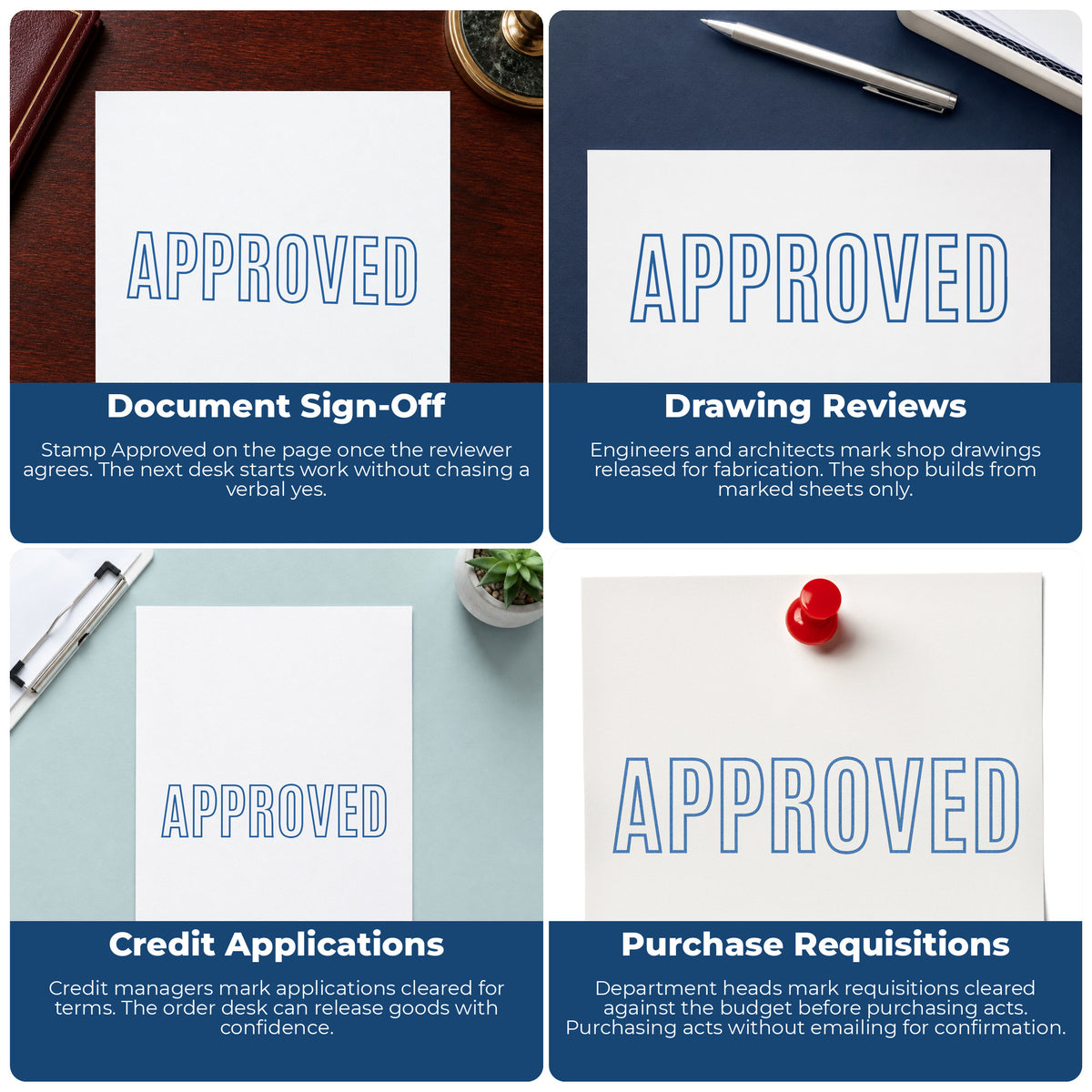 "Approved" imprint applied to paperwork, rectangle impression at 1/2 x 1-5/8 in