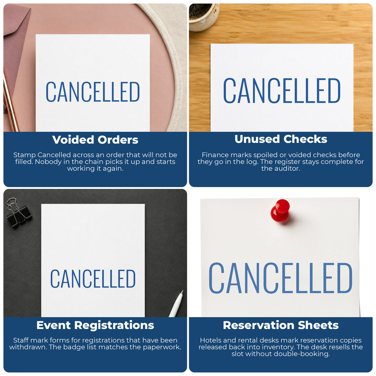 "Cancelled" imprint applied to paperwork, rectangle impression at Approximately 1/2 in tall x 1-5/8 in wide