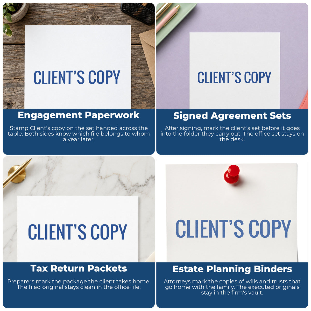 "Client's copy" imprint applied to paperwork, rectangle impression at 1/2 x 1-5/8 in