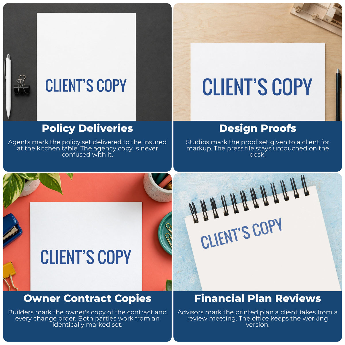 "Client's copy" pre-inked stamp alongside the mark it leaves on a page
