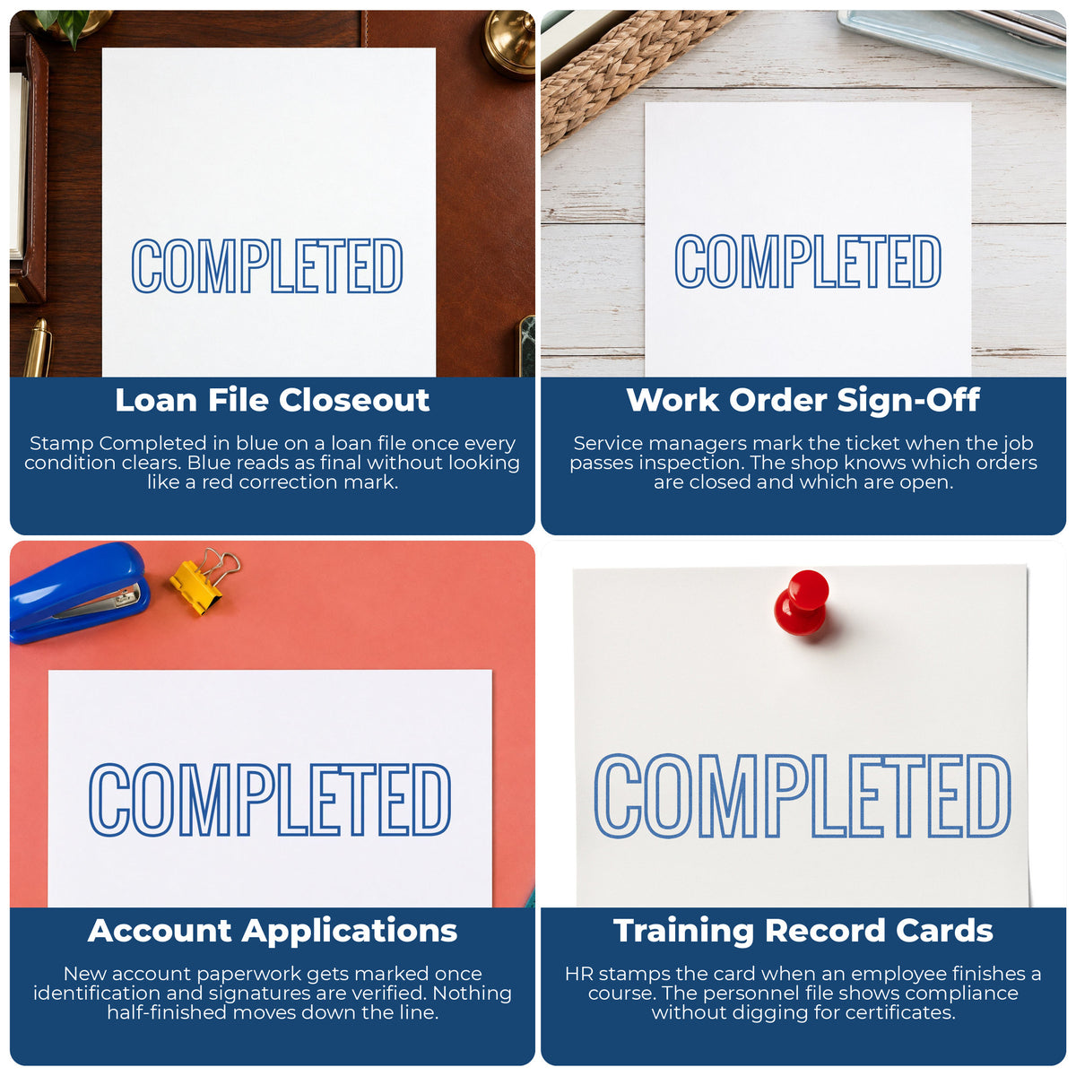 "Completed" imprint applied to paperwork, rectangle impression at Approximately 1/2 in tall x 1-5/8 in wide