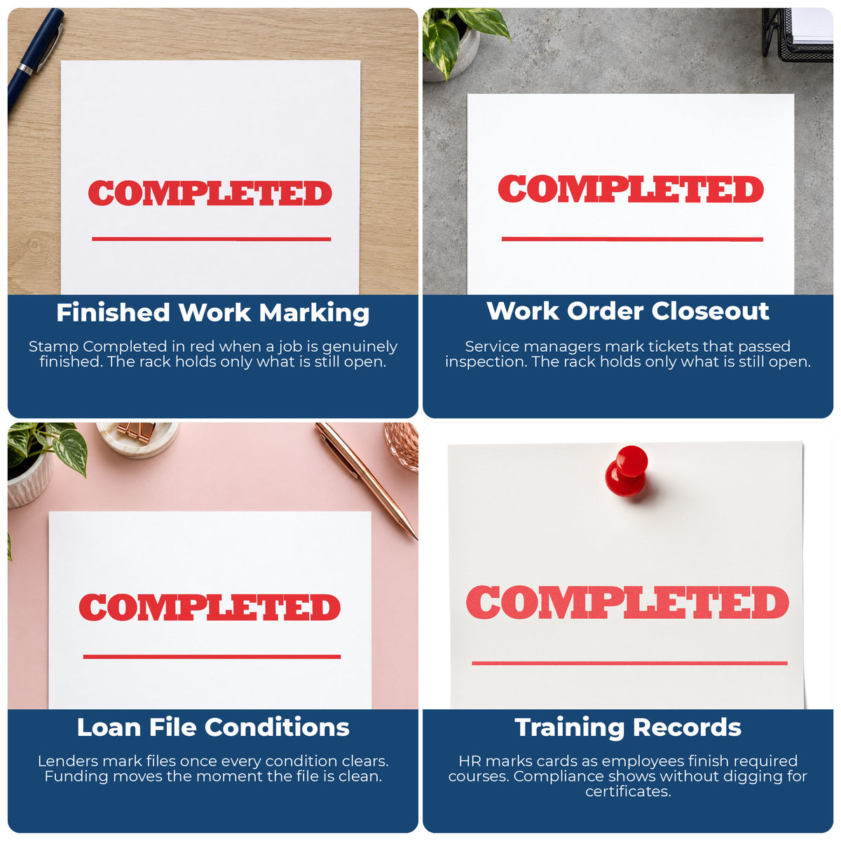 "Completed" imprint applied to paperwork, rectangle impression at 1/2 x 1-5/8 in