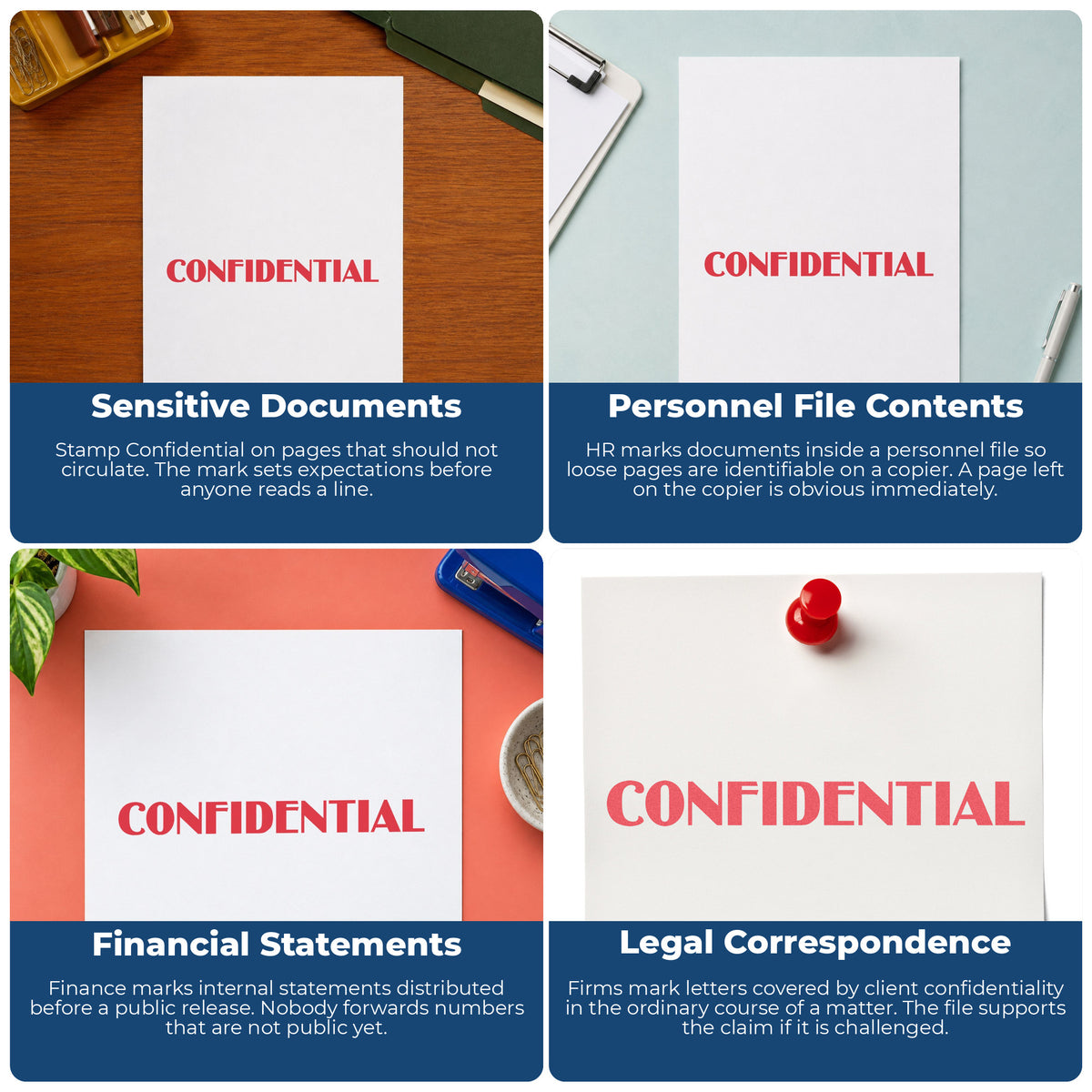 "Confidential" imprint applied to paperwork, rectangle impression at 1/2 x 1-5/8 in