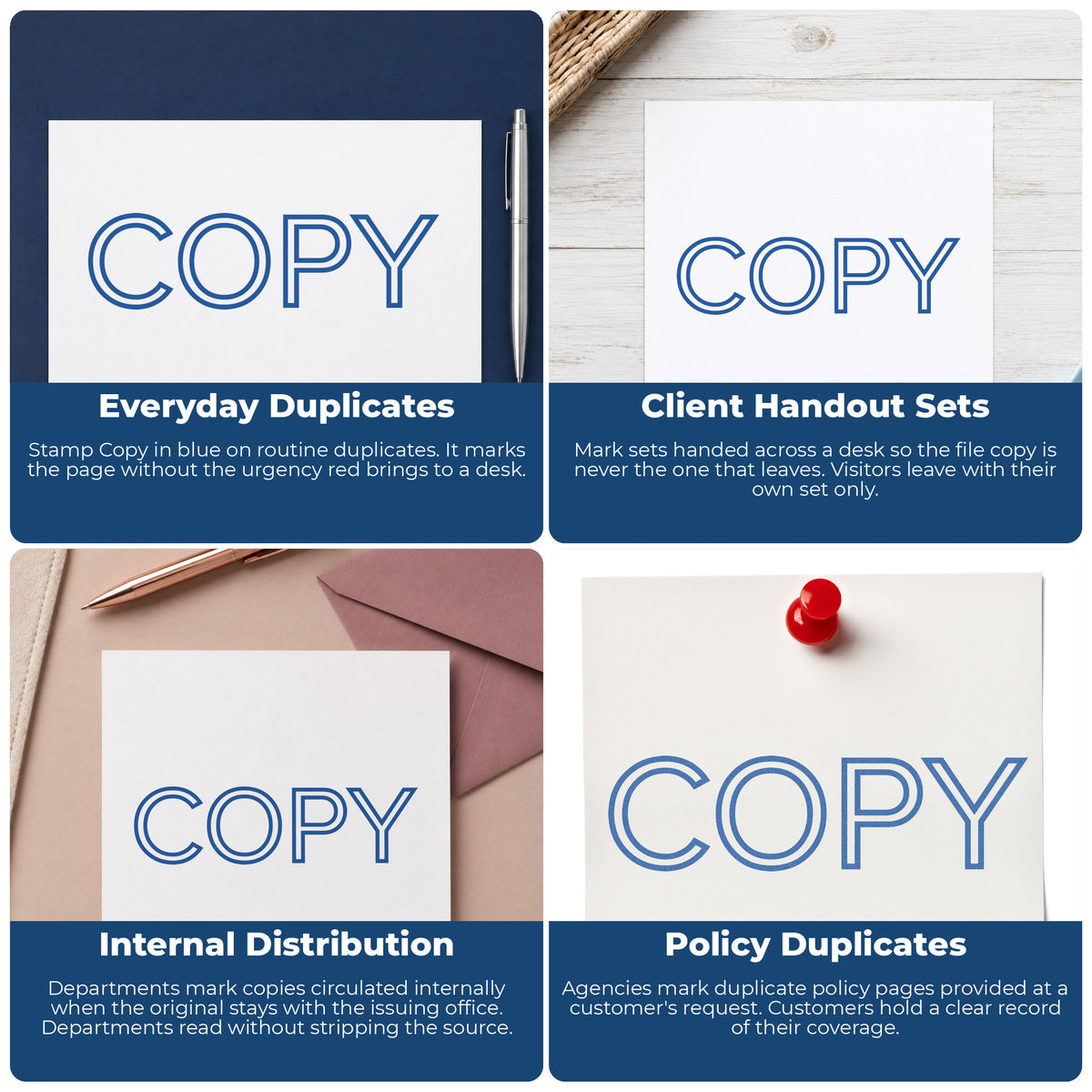 "Copy" imprint applied to paperwork, rectangle impression at Approximately 1/2 in tall x 1-5/8 in wide