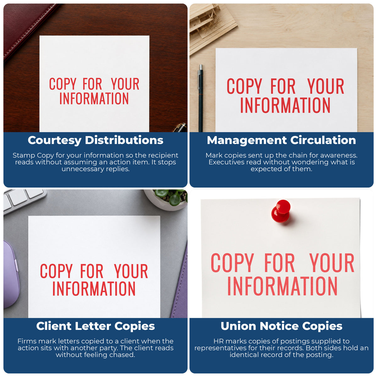 "Copy for your information" imprint applied to paperwork, rectangle impression at Approximately 1/2 in tall x 1-5/8 in wide
