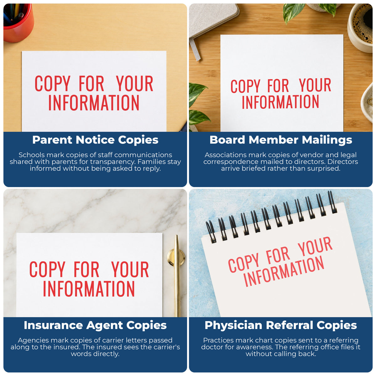 "Copy for your information" pre-inked stamp alongside the mark it leaves on a page