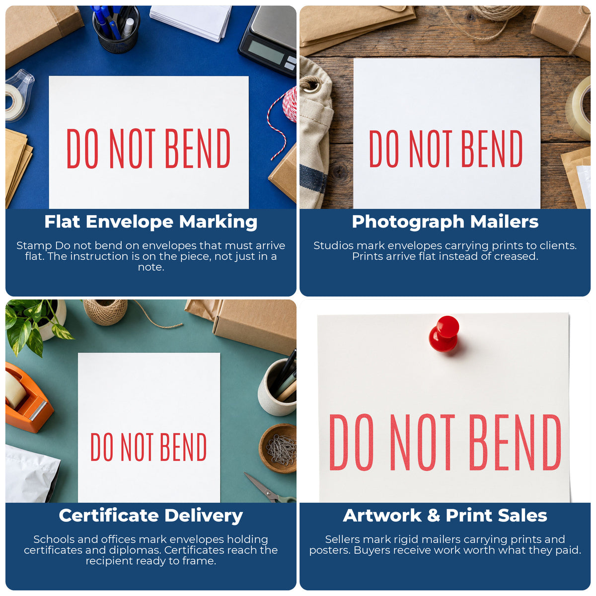 "Do not bend" imprint applied to paperwork, rectangle impression at Approximately 1/2 in tall x 1-5/8 in wide