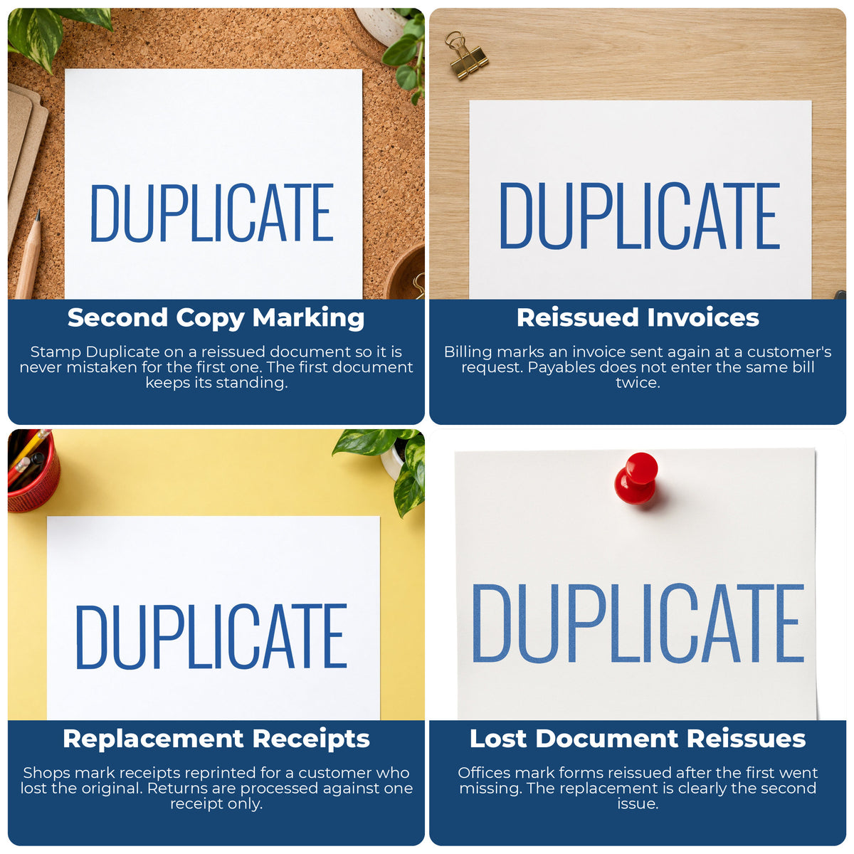 "Duplicate" imprint applied to paperwork, rectangle impression at 1/2 x 1-5/8 in