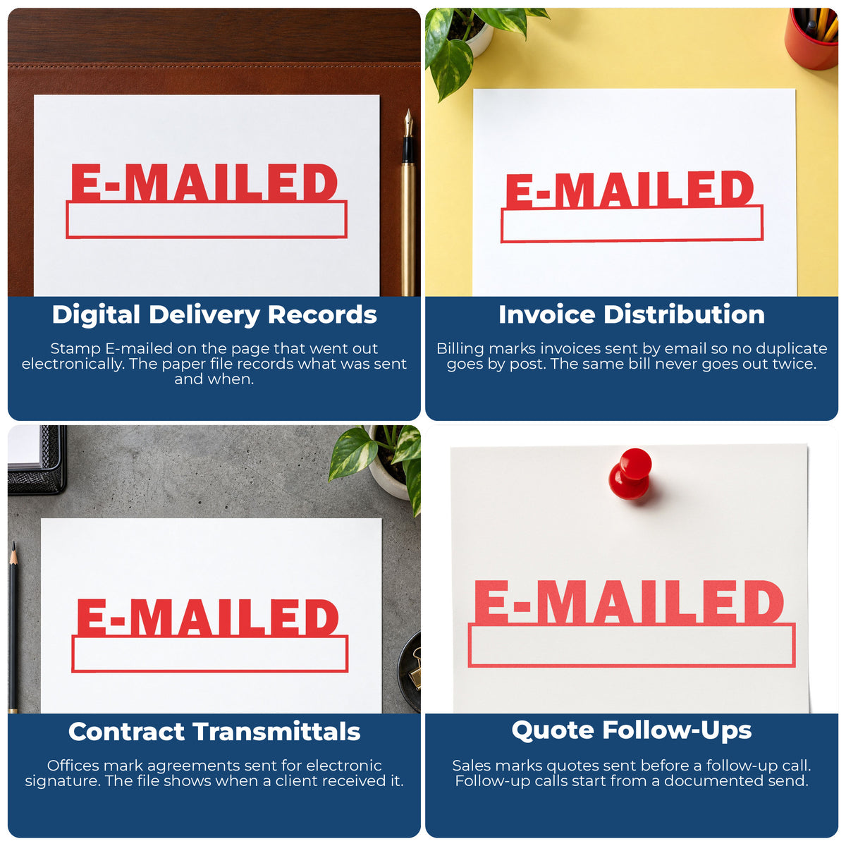 "E-mailed" imprint applied to paperwork, rectangle impression at Approximately 1/2 in tall x 1-5/8 in wide