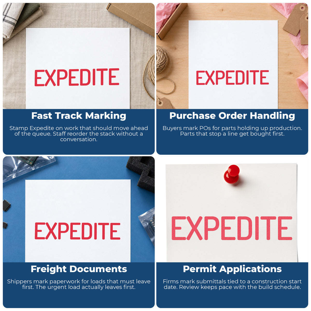 "Expedite" imprint applied to paperwork, rectangle impression at 1/2 x 1-5/8 in